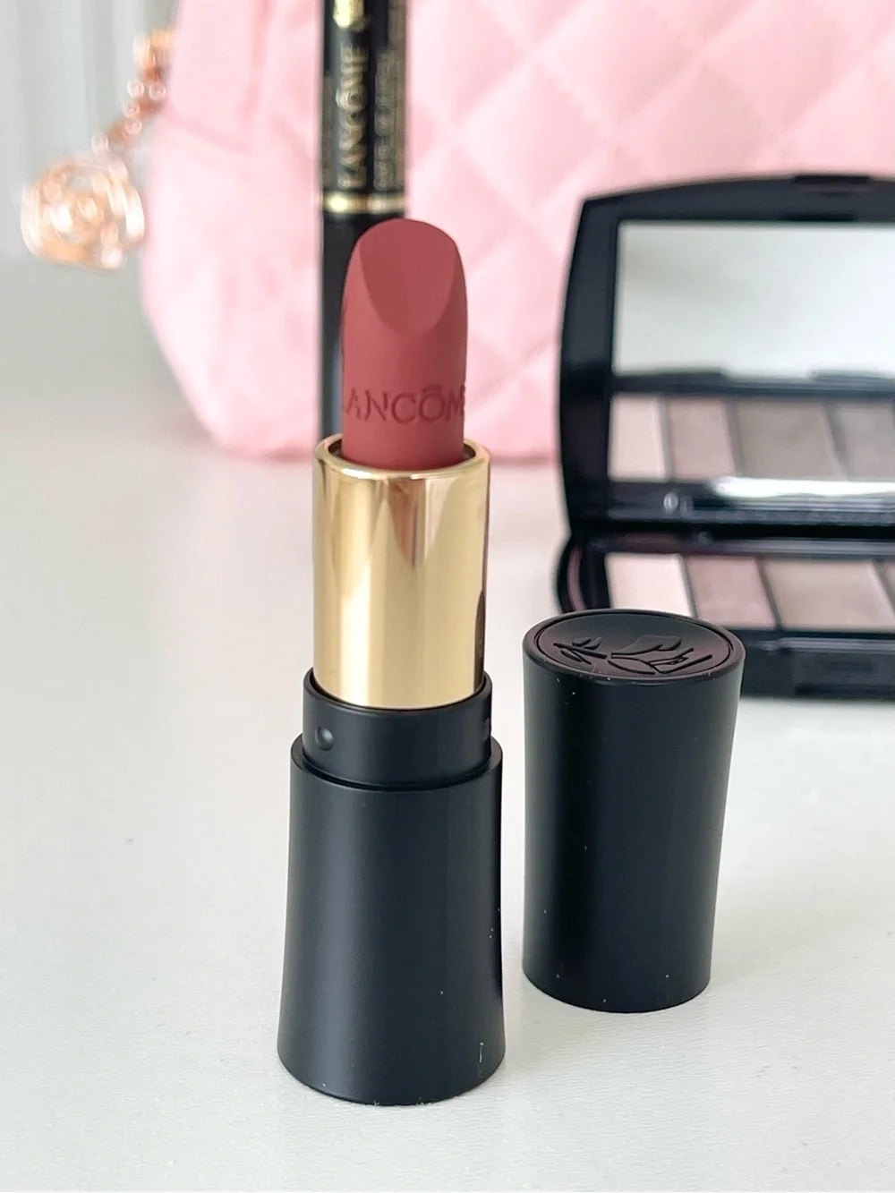LANCÔME 4-Pieces Set Makeup Quilted Cosmetic Bag Eye Shadow Palette & Lipstick